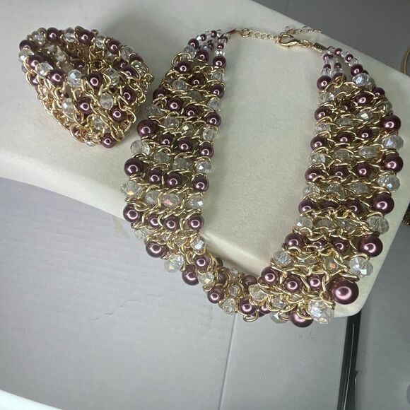Vintage Skyline Collection Plum & Pearl choker collar statement set. - Picture 2 of 11